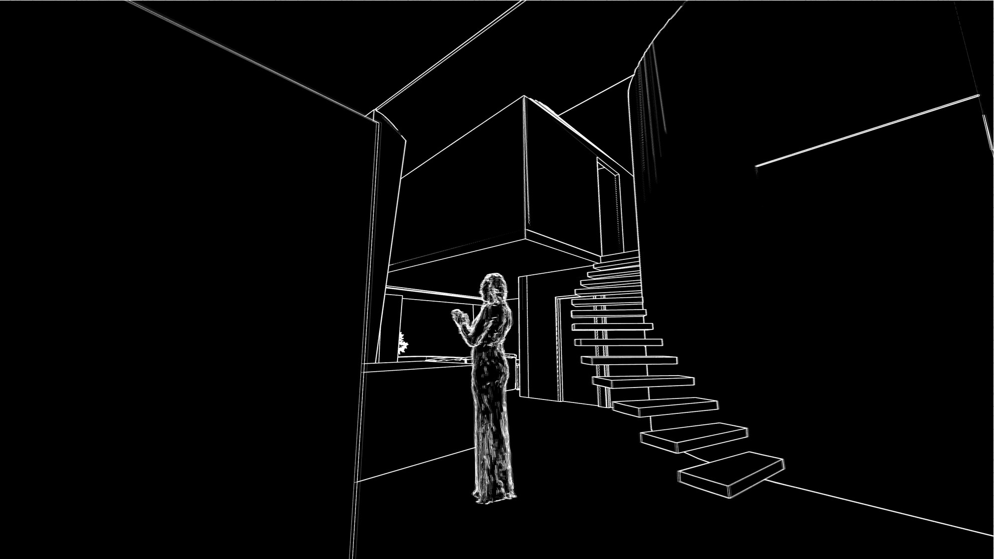 Lake Road Wildernis — the double-volume staircase, where the porous cyclopean wall will be seeded with moss